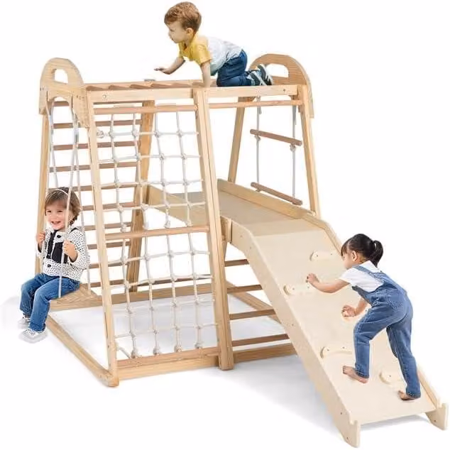 Struttura da gioco indoor, 8 in 1: asta per arrampicata, altalena, rete da arrampicata, scala da arrampicata, corda da arrampicata, parete da arrampicata, scivolo e piattaforma. Area giochi in legno per bambini dai 1 anno in su (materiali naturali)