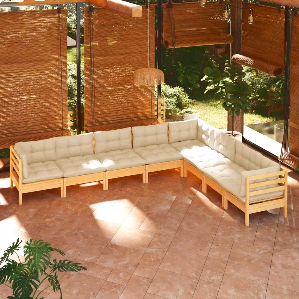 The Living Store Set da giardino da 8 pezzi con cuscini crema in legno di pino massiccio