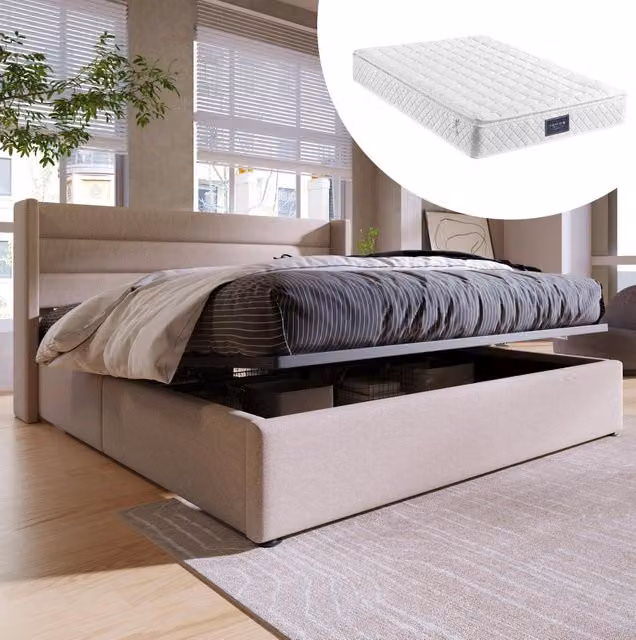 Letto contenitore imbottito idraulico matrimoniale 140x200 cm con materasso a molle e base in legno beige
