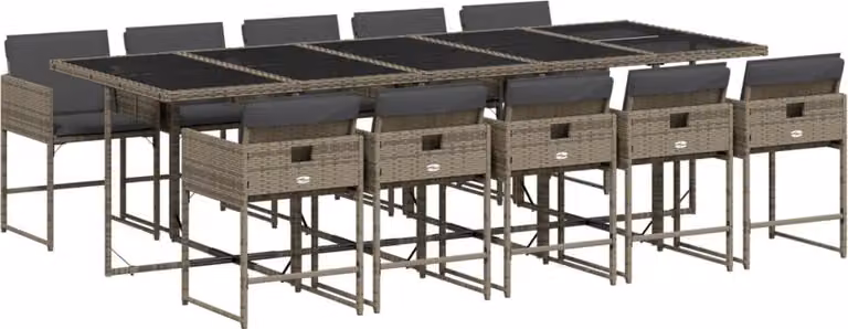 Set da Pranzo da Giardino 11pz con Cuscini in Polyrattan Grigio