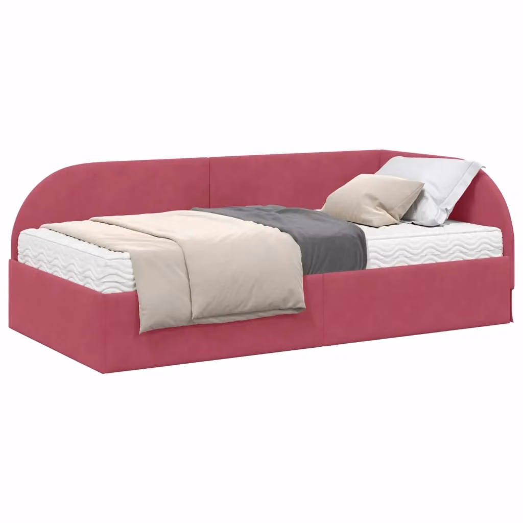 Letto angolare moderno vidaXL con struttura imbottita in velluto rosso e 2 materassi da 90x190 cm – 2