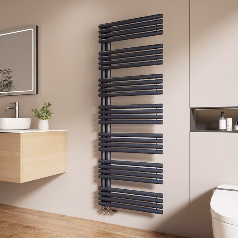 EMKE Radiatore da bagno piatto 132x60 cm Nero Scaldasalviette Asciugasalviette Pannello Attacco laterale 798W senza elemento riscaldante