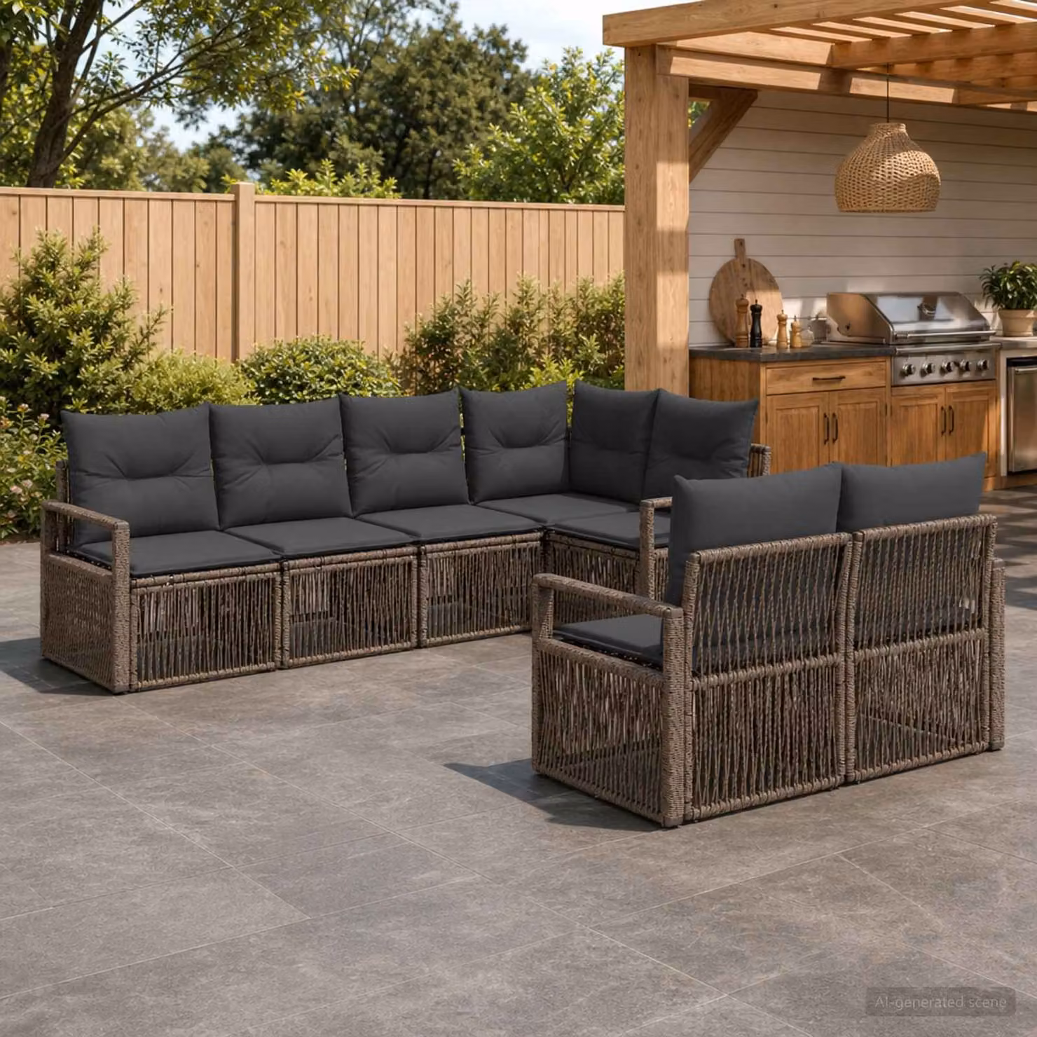 Set Divano da Giardino vidaXL a 7 posti in Polyrattan Grigio con Cuscini e Struttura in Acciaio