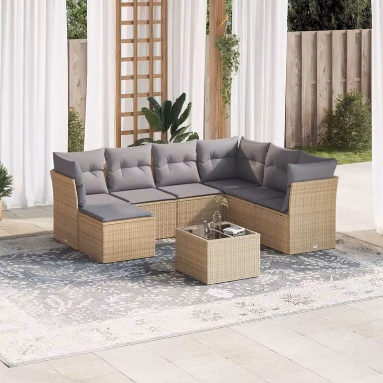 vidaXL Set Divano da Giardino 8 pz a Forma di L con Cuscini Beige e Tavolino in Polyrattan e Acciaio