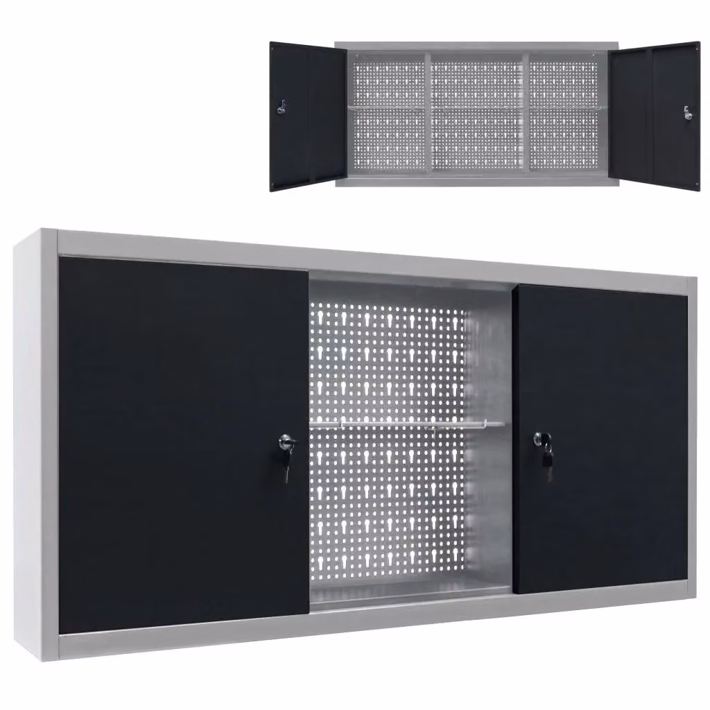 Armadio portautensili da parete in metallo con ante chiudibili, organizer per martelli e pinze, grigio e nero, L: 120 cm – 2
