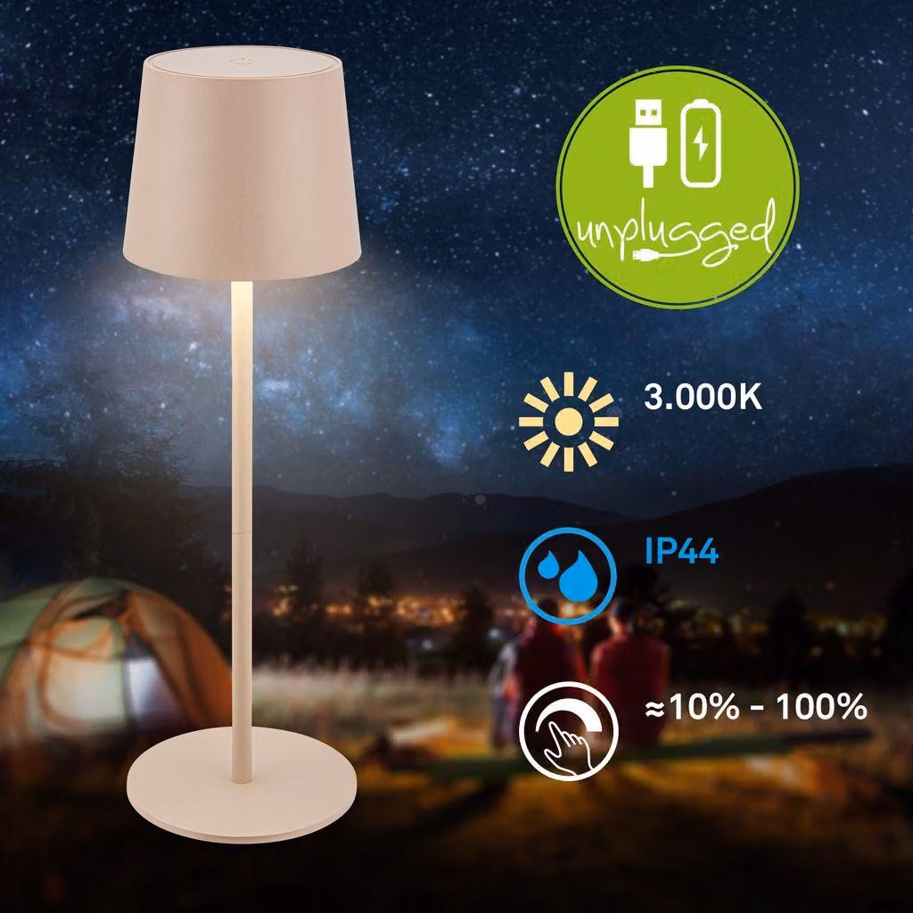 Briloner BOTA Lampada da tavolo senza fili IP44, dimmerabile, touch, batteria ricaricabile, protezione dagli spruzzi d'acqua, beige, Ø11 x 33 cm