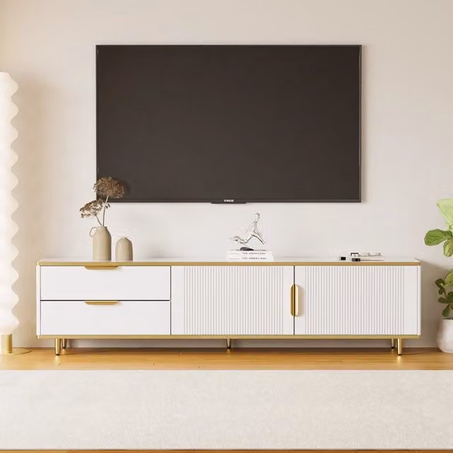 Mobile TV Basso ¨C MINIMAL ¨C Bianco Marmo, Ante Intagliate, Maniglie Dorate, Soggiorno