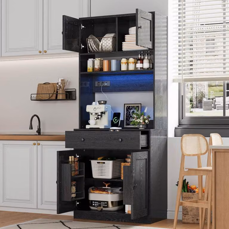 Armadio da cucina alto, 180 cm, con illuminazione a LED e presa di corrente, colore nero, dimensioni 72x40x180 cm