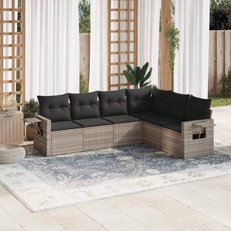 Set Divano da Giardino a L vidaXL in Polyrattan Grigio con 6 Cuscini Imbottiti e Coperture Rimosse