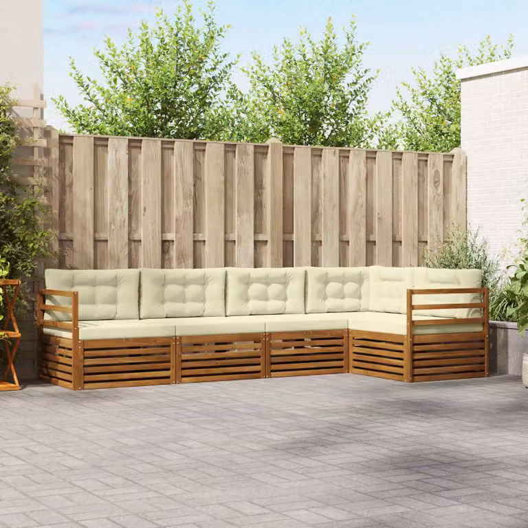 Set di divani da esterno a L vidaXL in legno di acacia con cuscini, beige e marrone