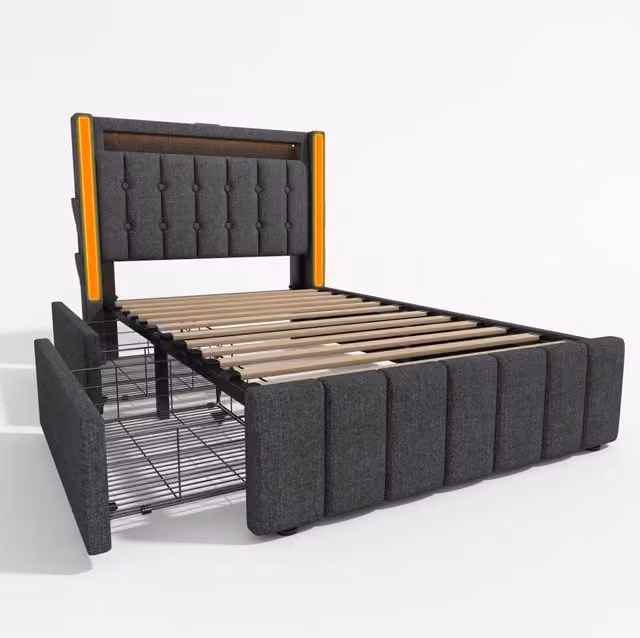 Letto Singolo Imbottito 90x200 cm con USB Tipo C, LED e 2 Cassetti, Struttura in Tessuto Grigia con Rete a Doghe in Legno