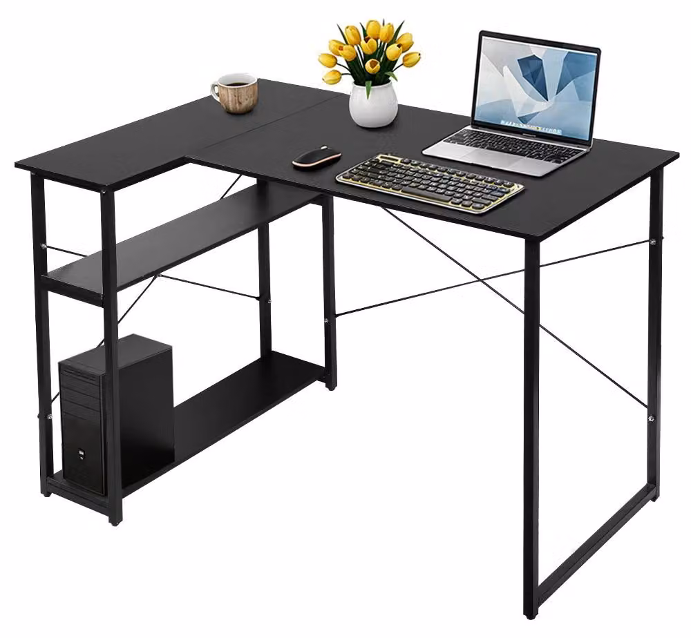 Scrivania con spazio contenitivo - Scrivania per computer - 2 ripiani ribaltabili - Struttura in metallo - Piano in legno - Assemblaggio richiesto - Colore: nero