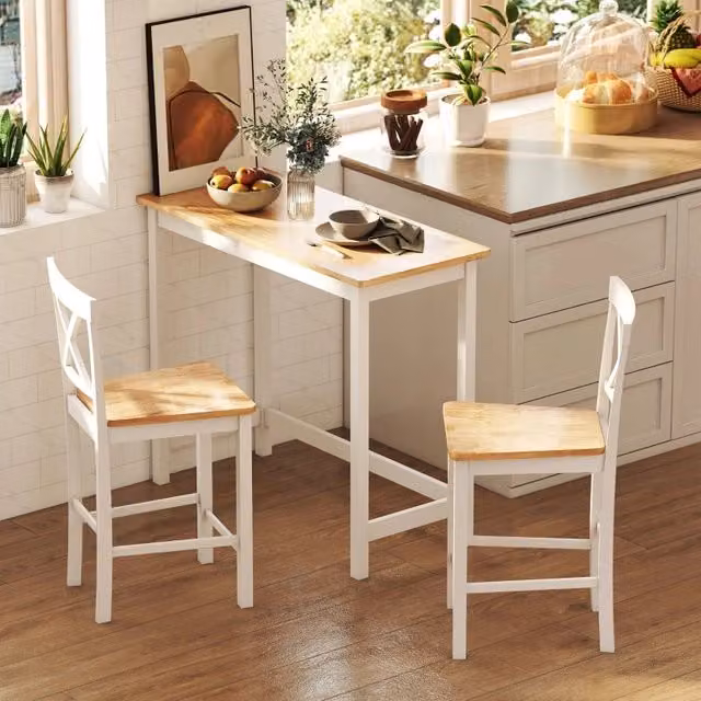 Tavolo alto in legno di caucciù finitura rovere con struttura bianca per 2 persone 108 × 48 × 91 cm