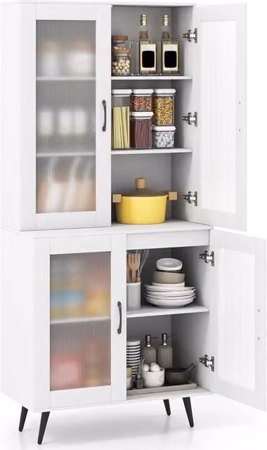 Credenza da Cucina e Dispensa Costway con 4 Ante in Vetro e Ripiani Regolabili, Mobiletto Moderno in MDF e Metallo per Soggiorno o Sala da Pranere, L 80 x P 40 x H 178,5 cm, Bianco