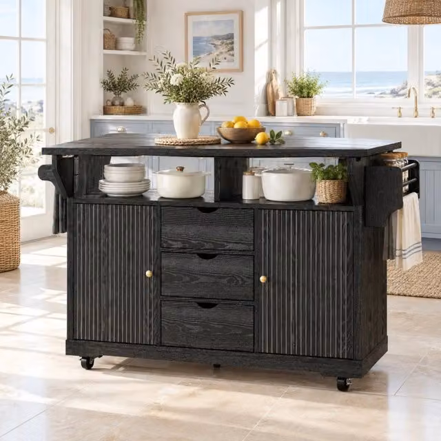Carrello da cucina con piani laterali pieghevoli; 3 cassetti e ruote con freno; nero