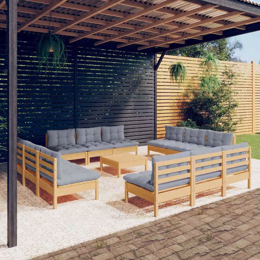 Set Divani da Giardino vidaXL a Forma a U in Legno Massello di Pino con Cuscini Imbottiti Grigi