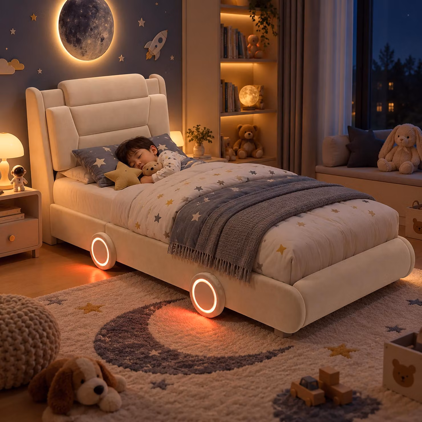 Letto imbottito per bambini, 90 x 200 cm, con luci a LED, poggiatesta regolabile in altezza (doppio livello) e rivestimento in flanella, color beige, ideale per la cameretta dei bambini