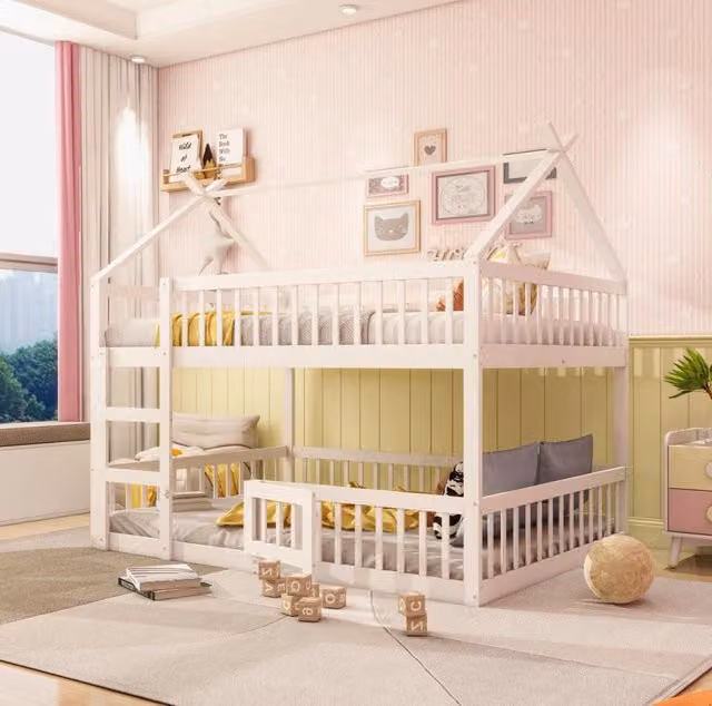Letto a castello per bambini 140x200 cm in legno bianco con scala