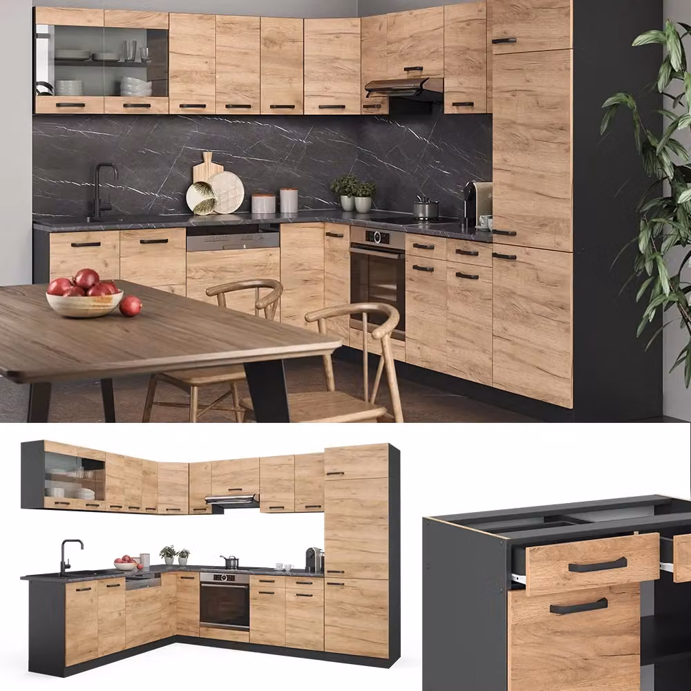 Cucina angolare moderna Vicco R-Line in rovere e antracite, L/P/H: 287 x 227 x 60 cm – 2