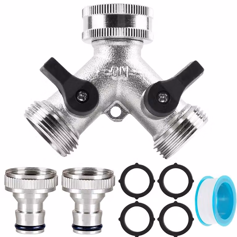Adattatore per la distribuzione dell'acqua a due vie, ideale per uso in giardino e in casa