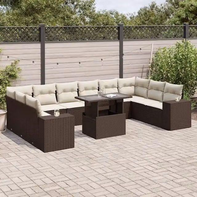 Set Divani da Giardino 11 pz con Cuscini Polyrattan Marrone 3269413