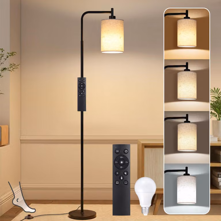 Lampada da terra moderna con paralume in lino, attacco E27, lampadina LED dimmerabile, con telecomando e interruttore a pedale, ideale per soggiorno, camera da letto o ufficio, colore nero