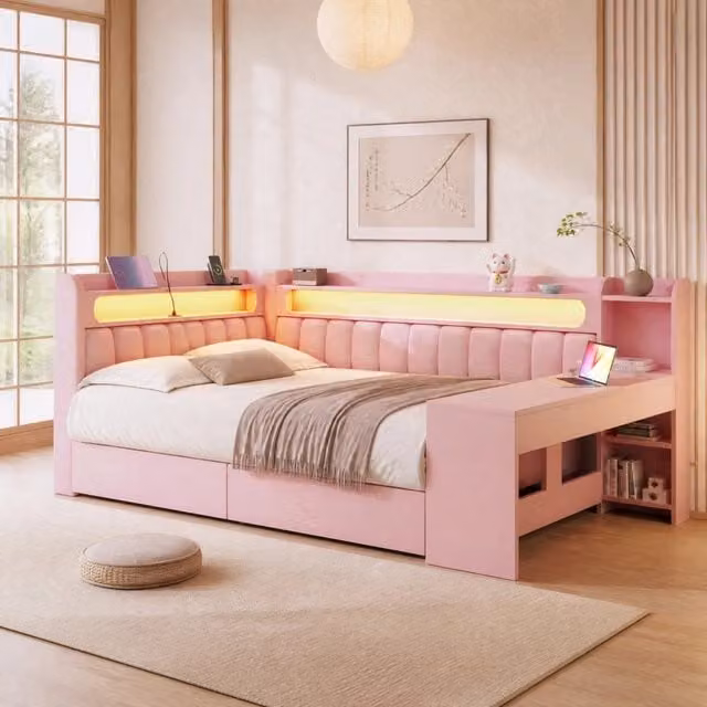 Letto da giorno imbottito rosa 140x200 con LED, USB, scrivania e 2 cassetti