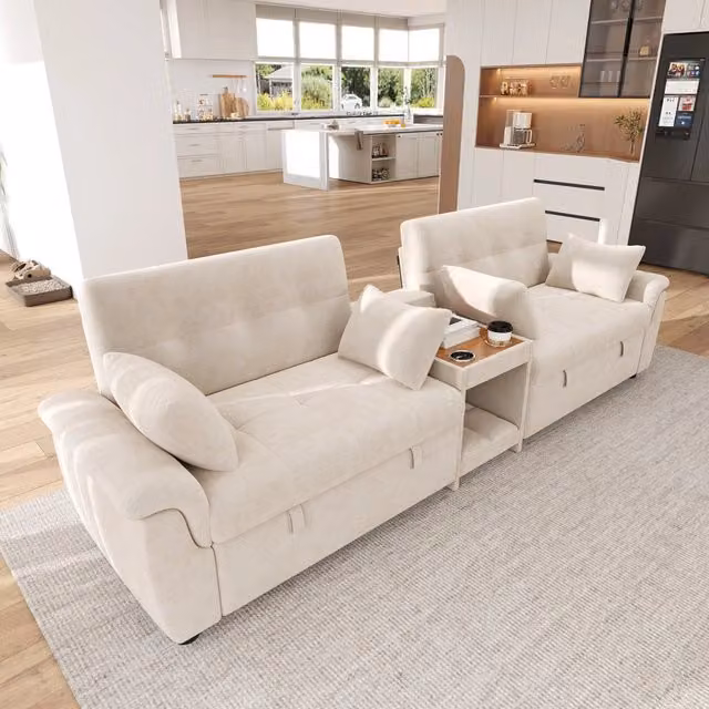 Divano letto estraibile a 2 posti WISHDOR in tessuto Chenille beige con schienale regolabile e console centrale con portabicchieri L: 284 cm, P: 138 cm, H: 89 cm