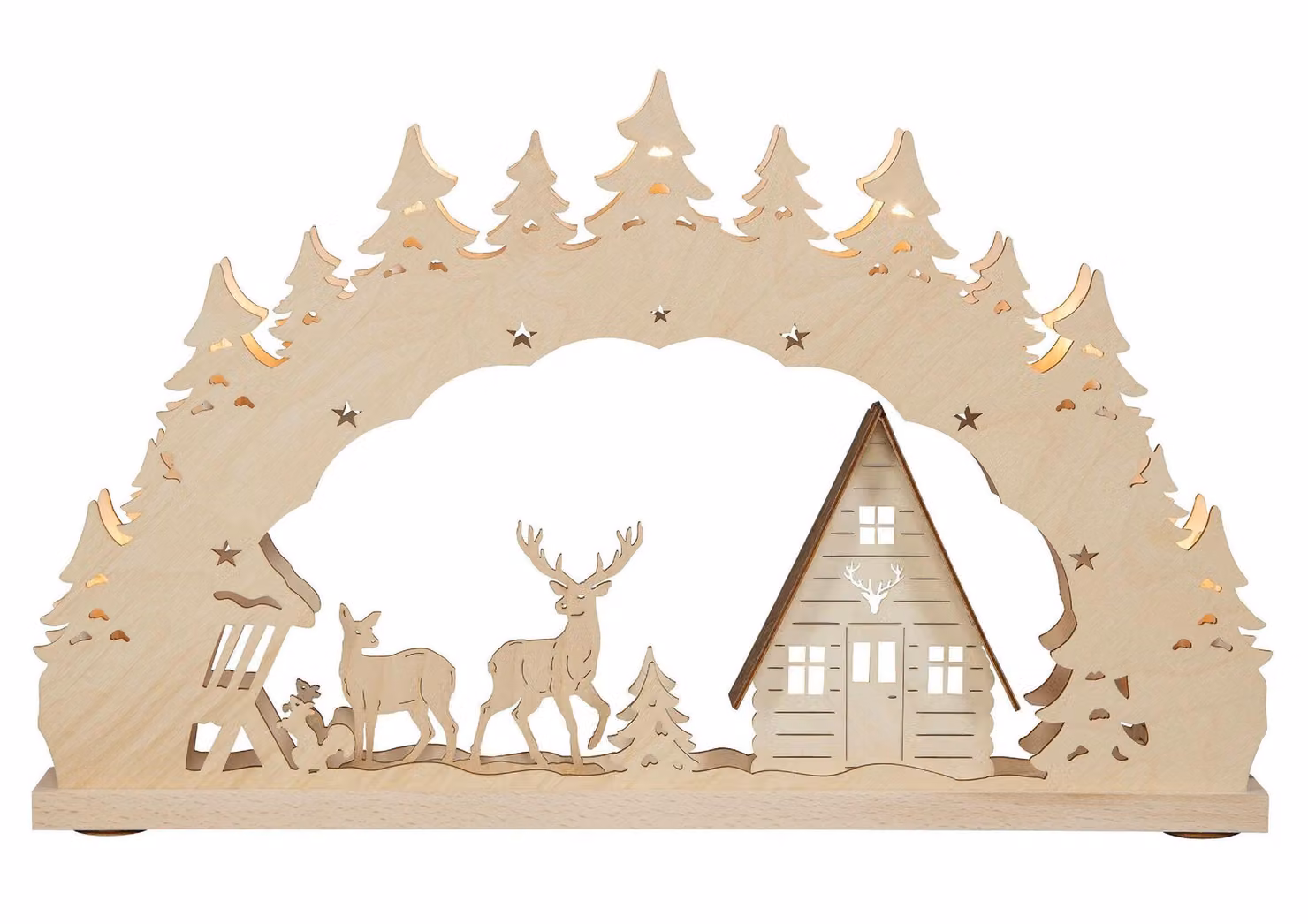 Lichterbogen "Waldhaus und Hirsch" o "Casa nel bosco e cervo". Illuminazione decorativa. Dimensioni: 52x32x4,5 cm. Nuovo