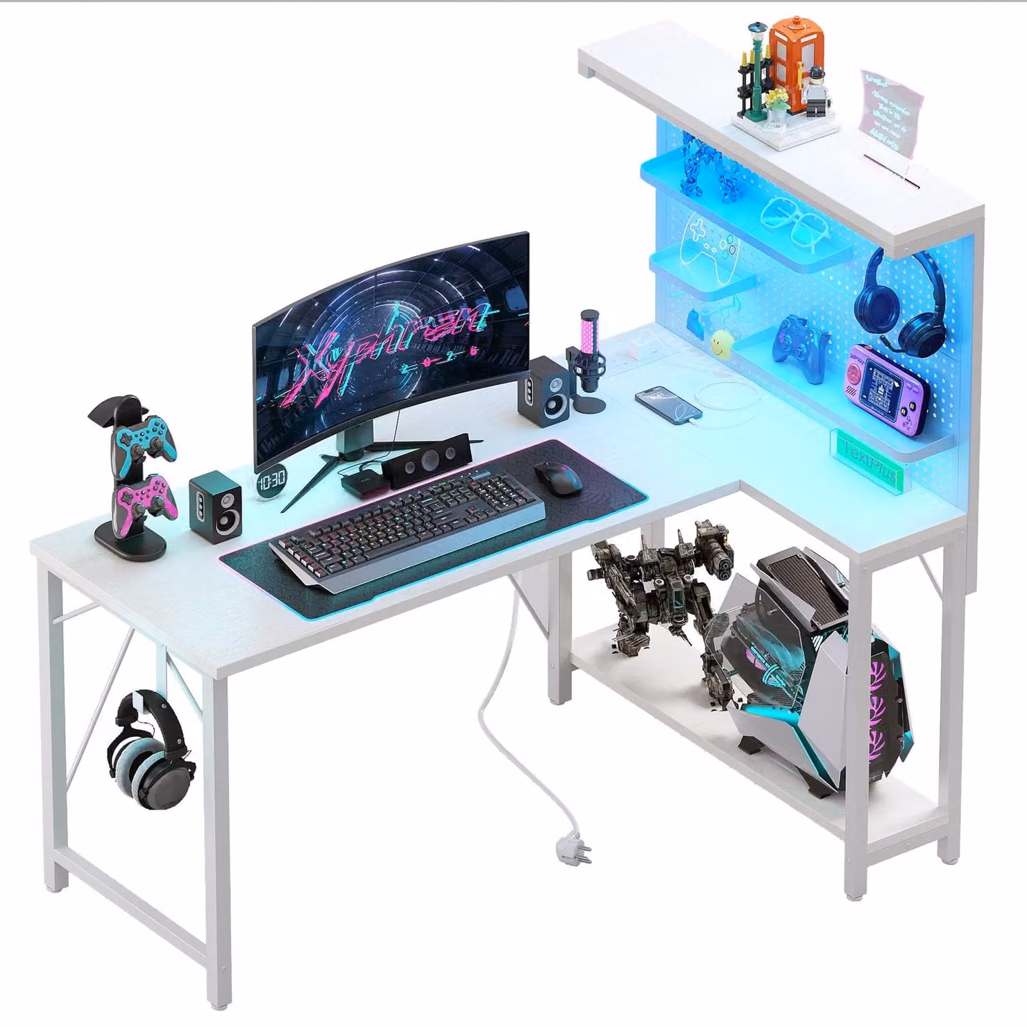 Scrivania ad angolo gaming - Fibra di carbonio - 120 x 80 cm - Bianco - Per ufficio domestico