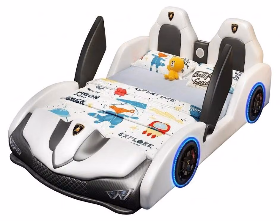 Letto per bambini bianco a forma di automobile, con illuminazione a LED e altoparlante Bluetooth
