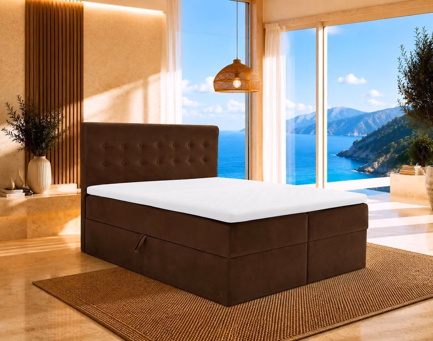 Letto boxspring S-Deluxe 160x200 marrone con contenitore