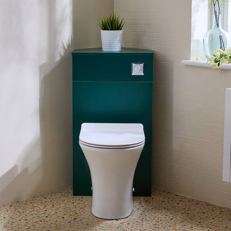 Unità WC Angolare per WC in Verde Scuro con Sanitario Marbury - con Pulsante di Scarico Cromato - Cluo