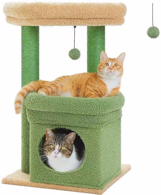 Ibenzoa®: Albero per gatti multistrato con 2 colonne in sisal, ampia cuccia imbottita per 2 gattini, base rinforzata e decorazioni verdi