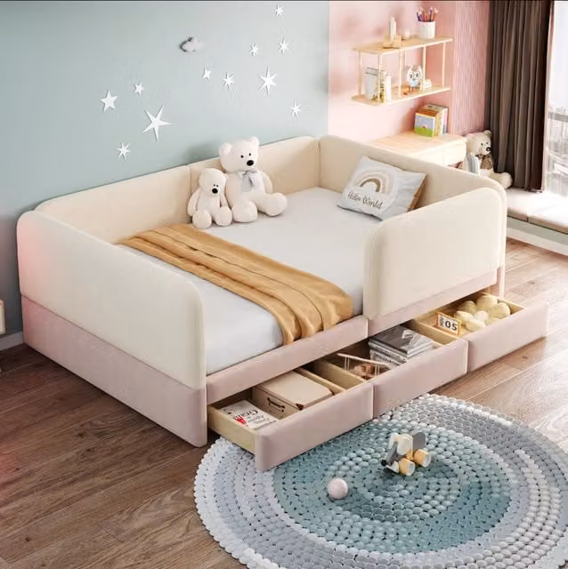 Letto imbottito per bambini 140x200 cm con bordi protettivi e angoli arrotondati, con cassetti portaoggetti, rivestimento in velluto rosa (senza materasso)