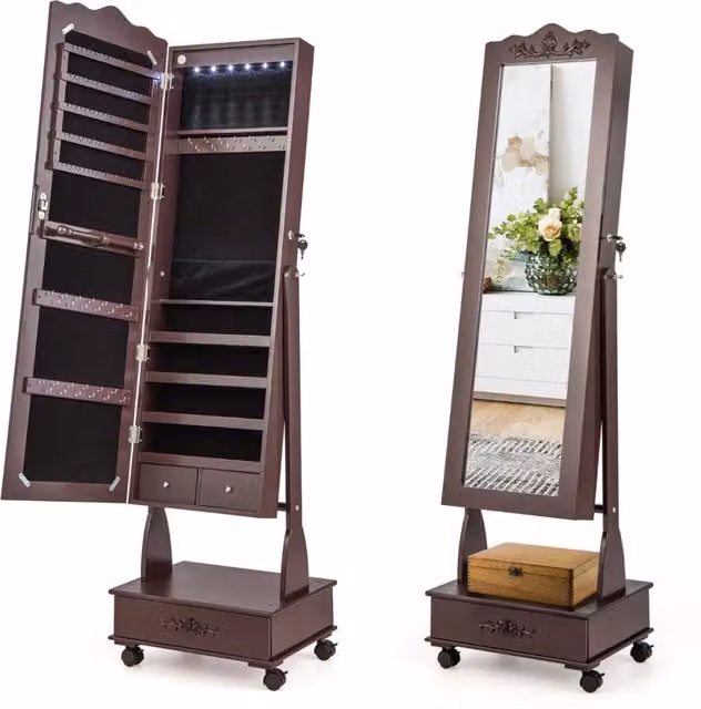 Armadio porta gioielli Design Mania con specchio, illuminazione LED e serratura, Marrone, H: 157 cm, L: 45 cm, P: 35 cm
