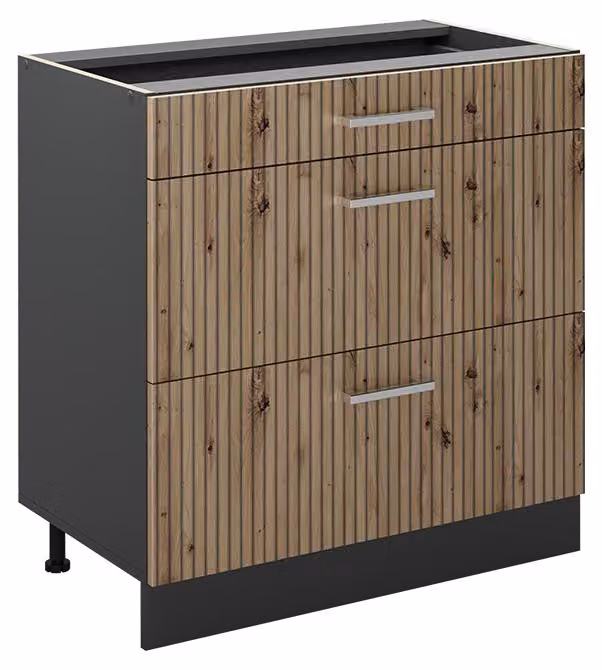 Mobiletto base per cucina Vicco R-Line Rovere artigianale/Antracite 80 cm con 3 cassetti senza piano di lavoro, Model 72379