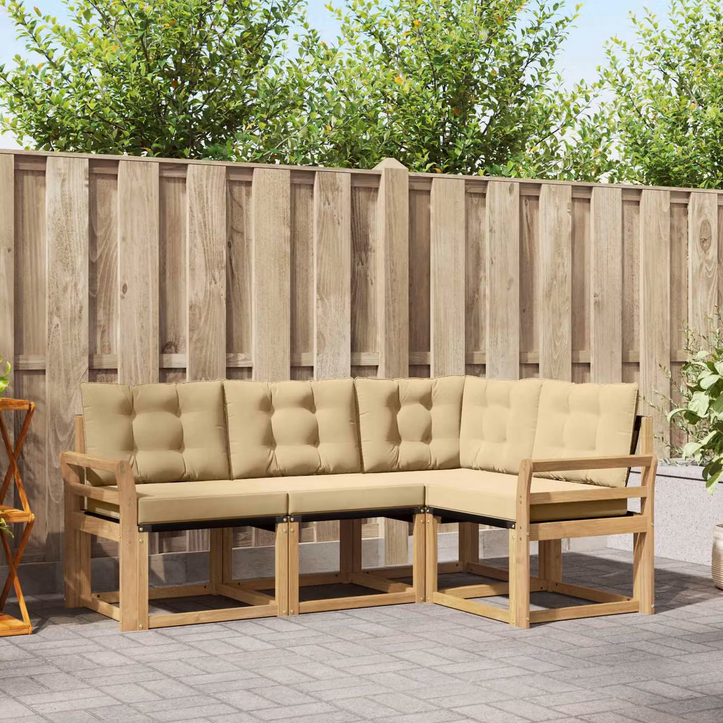 Set di divani da esterno vidaXL a forma di L composto da 4 pezzi in legno di acacia e tessuto textilene, colore bianco e beige