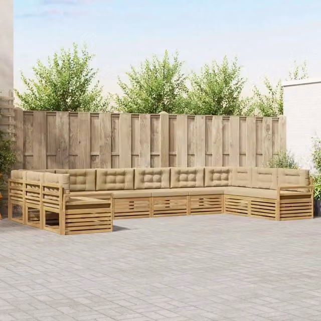 Set di divani da giardino a L vidaXL in legno di acacia con cuscini, Bianco e Beige