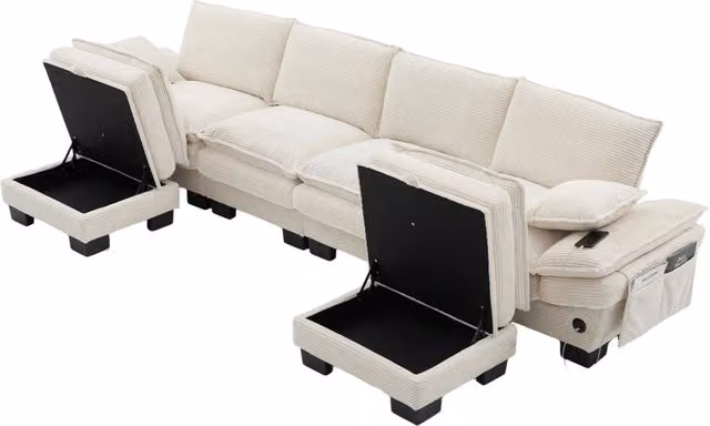 Divano modulare 4 posti 330x132x84 cm con 2 pouf; USB-C e velluto a coste beige