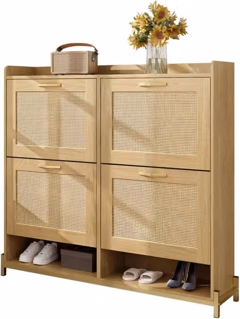 Scarpiera, scarpiera in vimini, design a 4 ante, struttura in legno, base in metallo, ripiano superiore