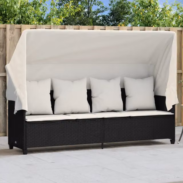 Lettino Prendisole con Baldacchino e Cuscini Nero Polyrattan 368353