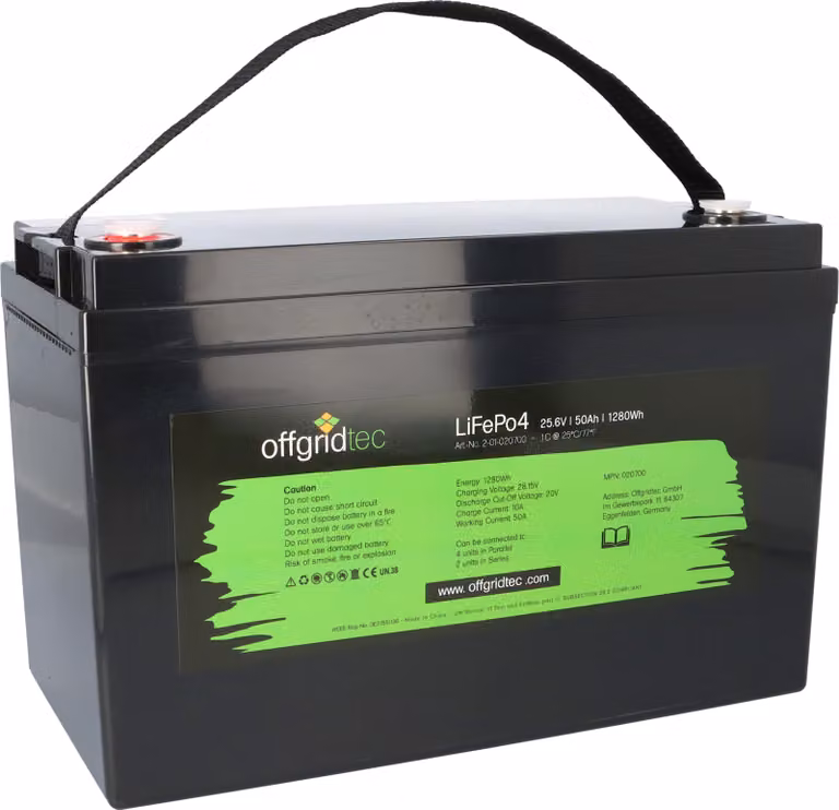 Batteria Offgridtec LiFePO4 25,6V 50Ah - leggera, potente e sicura