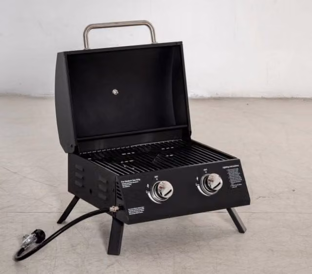Barbecue a gas portatile da tavolo GIORDANOSHOP in acciaio nero con termometro e accensione piezoelettrica, L: 55 cm, P: 46,5 cm, H: 41 cm