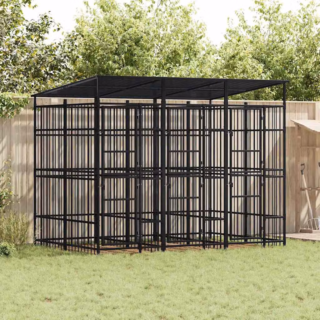 vidaXL Gabbia per Cani da Esterno in Metallo Nero con Tetto Resistente alle Intemperie