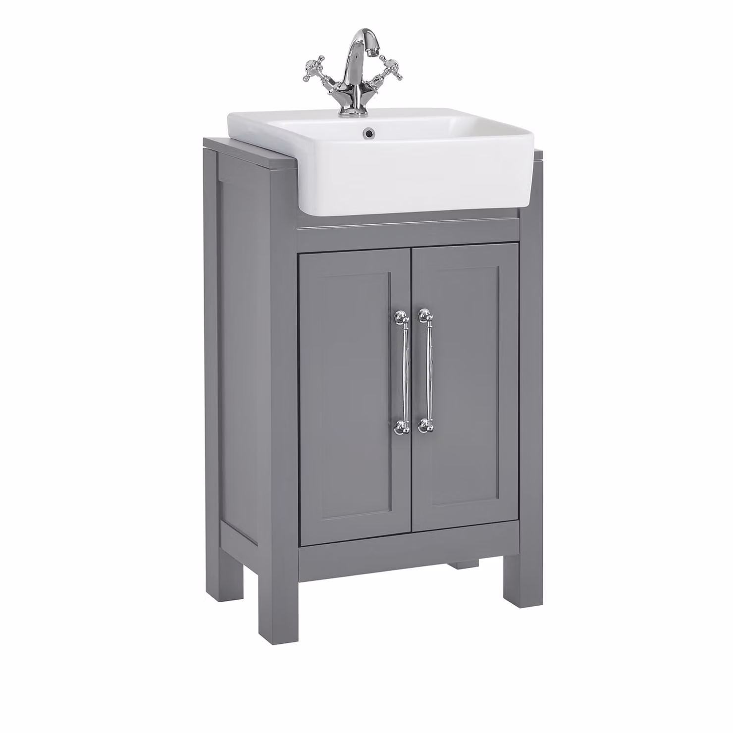 Mobile Bagno Grigio Chiaro da 550mm con Lavabo e Maniglie Classiche con Barra a T Cromato - Warwick