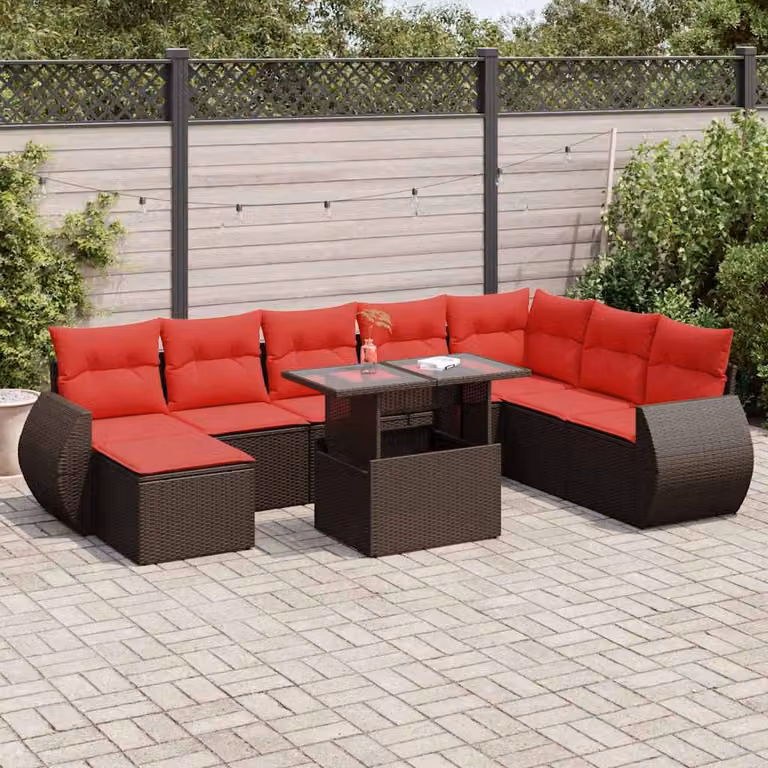Set Divani da Giardino vidaXL 9 Pezzi in Polyrattan Marrone con Cuscini e Tavolino per Terrazza o Giardino