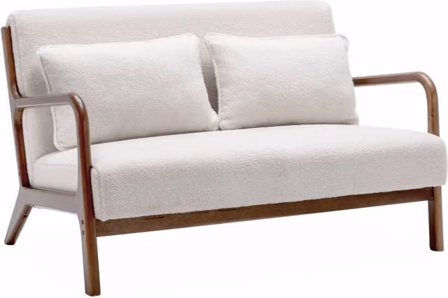 Divano SWEEEK in tessuto bouclé bianco con gambe in legno in stile scandinavo L: 124 cm, P: 83 cm, H: 77 cm – 1
