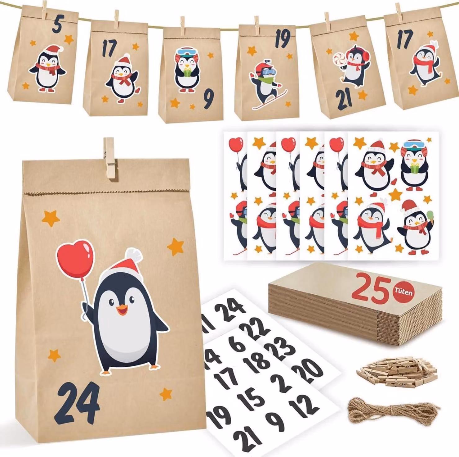 Calendario dell'Avvento pinguini grandi sacchetti di carta kraft fai da te numeri adesivi bambini adulti Natale