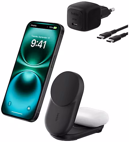 Caricatore Wireless Belkin UltraCharge 25W Qi2 2in1 con USB-C, Nero